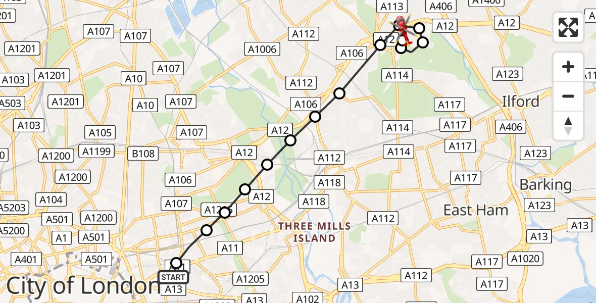 Flight route Air Ambulance Helicopter Royal London Hospital - Snaresbrook, 21 July 2026, 10:46