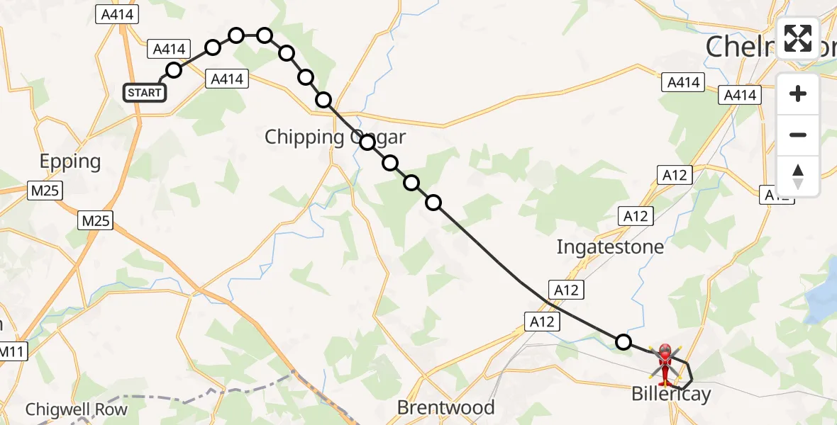 Flight route Air Ambulance Helicopter North Weald Airfield - Billericay, 21 July 2026, 10:51