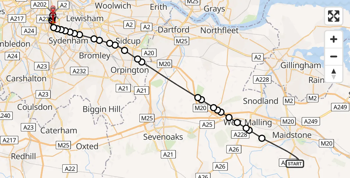Flight route Air Ambulance Helicopter Maidstone - Kings College London Hospital, 21 July 2026, 10:54