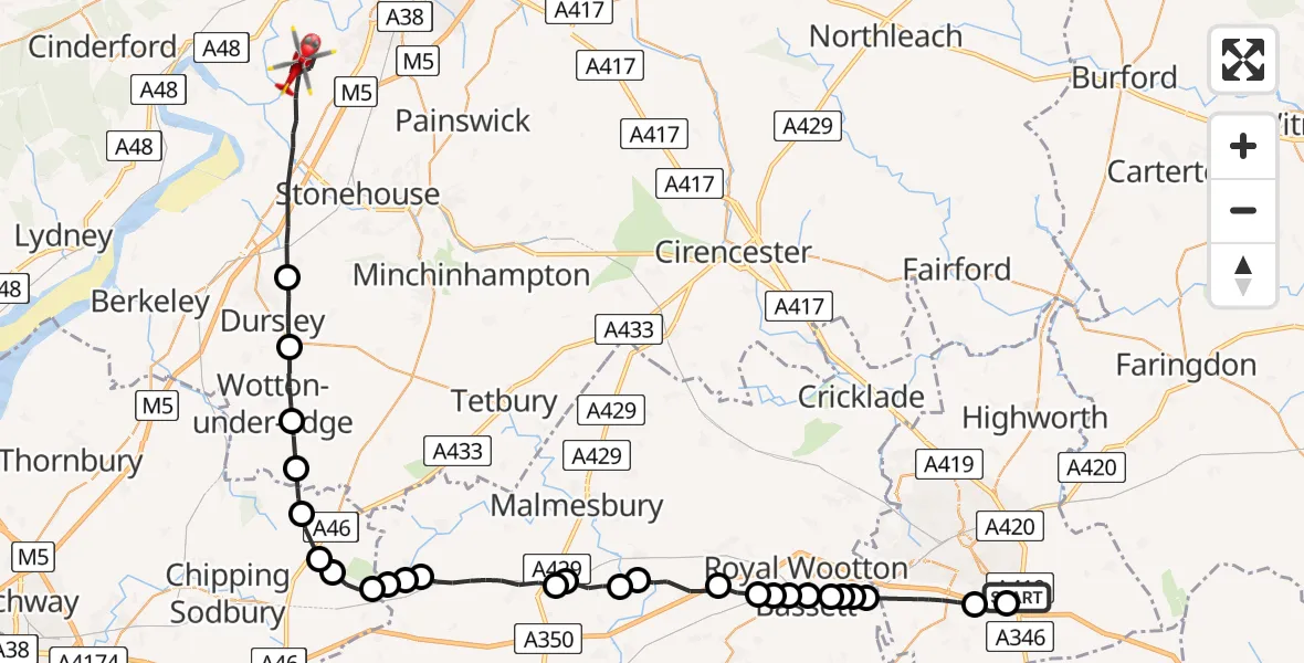Flight route Air Ambulance Helicopter Great Western Hospital - Stroud, 21 July 2026, 11:00