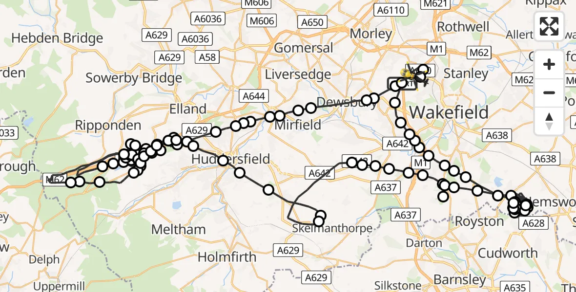 Flight route Police Helicopter Woodkirk - East Ardsley, 21 July 2026, 11:03