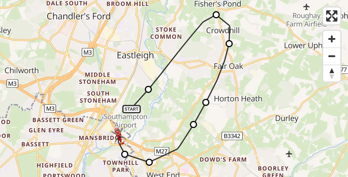 Flight route Air Ambulance Helicopter Southampton Airport - Mansbridge, 21 July 2026, 11:05