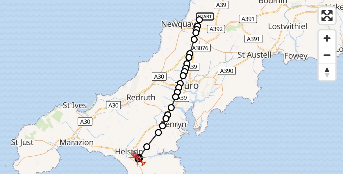 Flight route Air Ambulance Helicopter Cornwall Airport Newquay - Mawgan-in-Meneage, 21 July 2026, 11:11