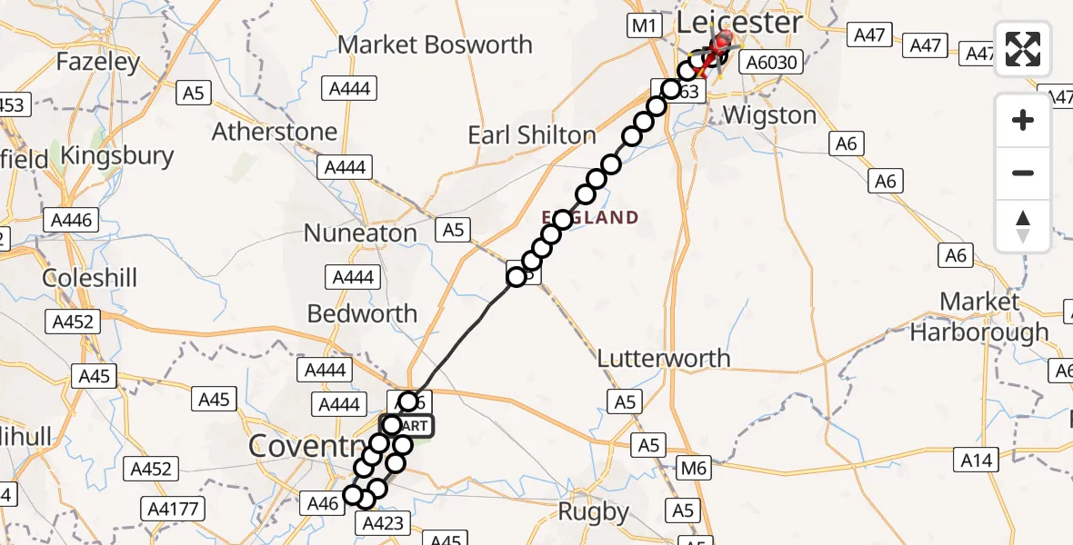 Flight route Air Ambulance Helicopter Rugby - Braunstone, 21 July 2026, 11:44