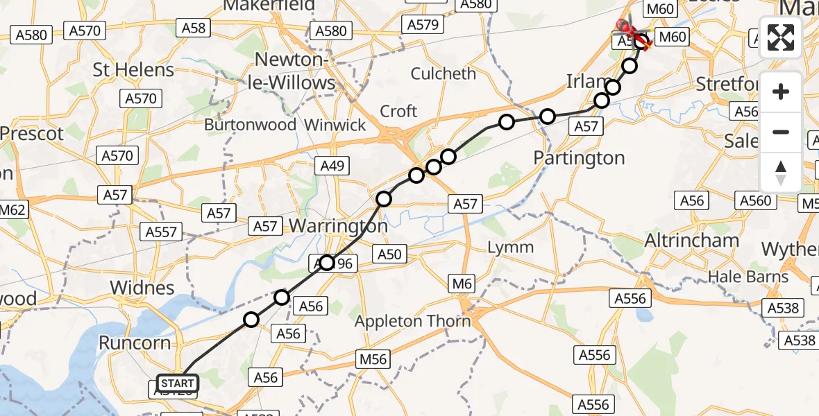 Flight route Air Ambulance Helicopter Runcorn - Irlam, 21 July 2026, 11:47