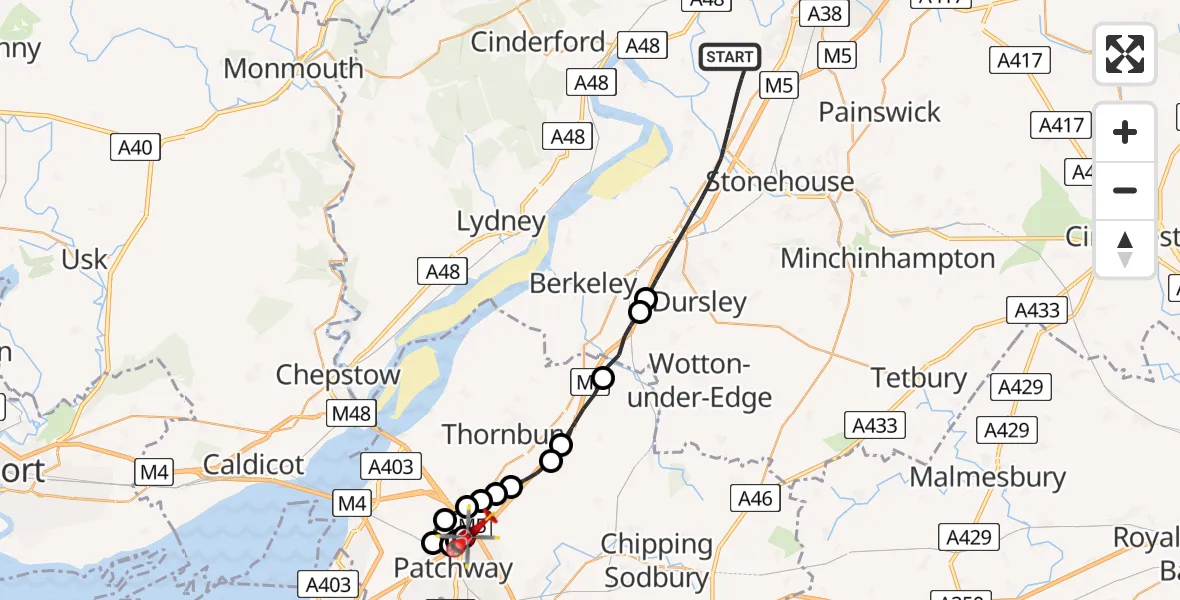 Flight route Air Ambulance Helicopter Stroud - Almondsbury Helicopter Base, 21 July 2026, 11:52