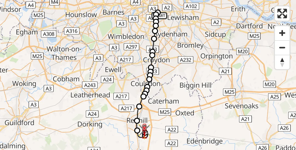 Flight route Air Ambulance Helicopter Kings College London Hospital - Redhill Aerodrome, 21 July 2026, 11:55