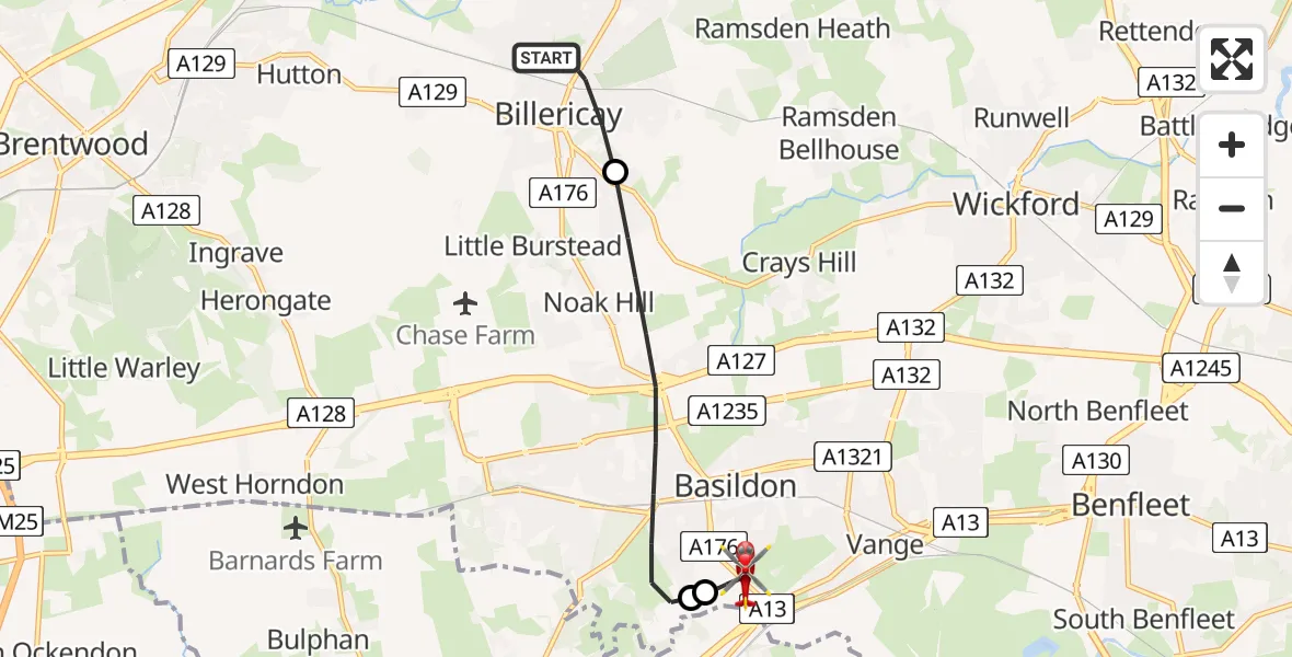 Flight route Air Ambulance Helicopter Billericay - Basildon, 21 July 2026, 11:55