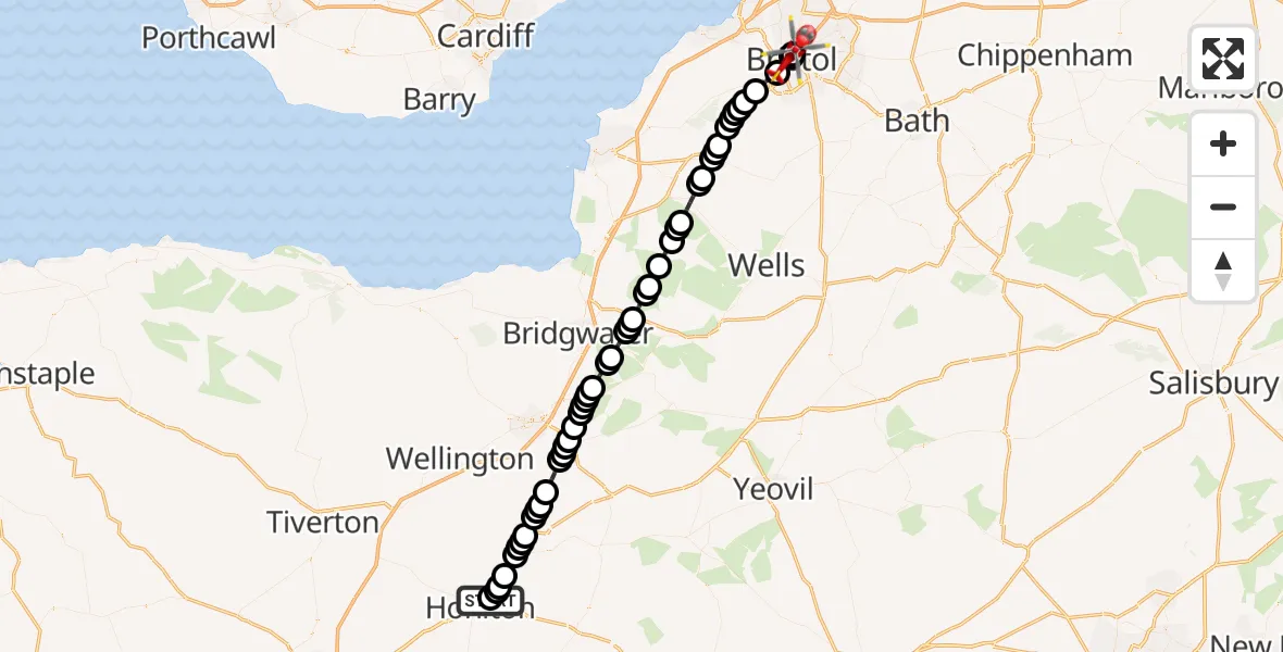 Flight route Air Ambulance Helicopter Honiton - Bristol Royal Infirmary, 21 July 2026, 11:56