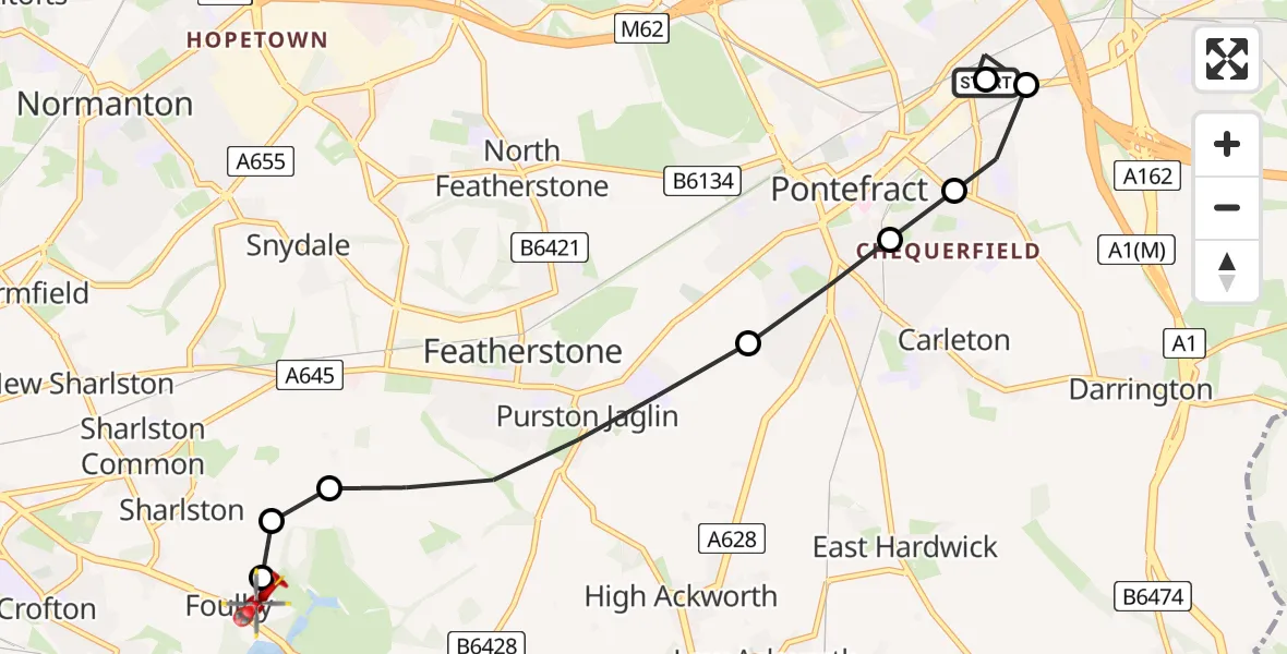 Flight route Air Ambulance Helicopter Ferrybridge - YAA Nostell Helicopter Port, 21 July 2026, 11:58