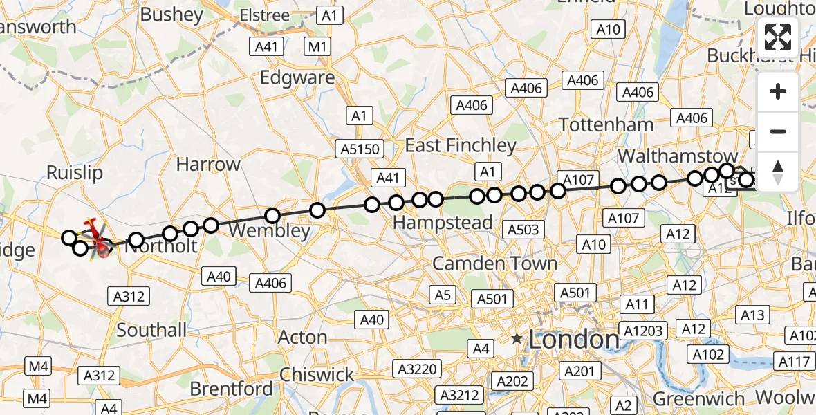Flight route Air Ambulance Helicopter Wanstead - RAF Northolt, 21 July 2026, 12:02