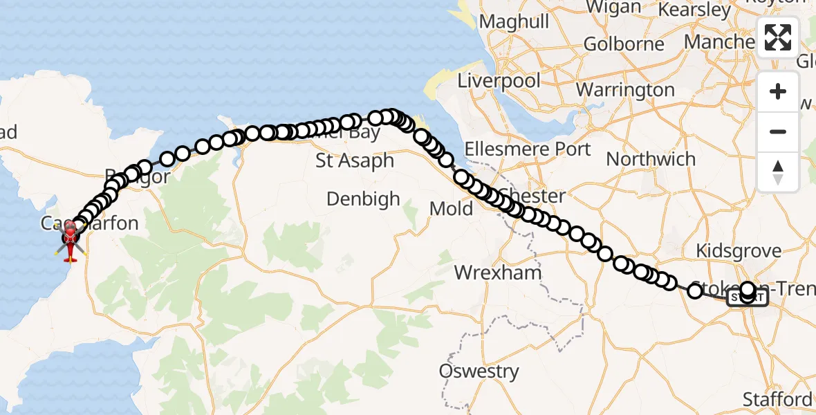 Flight route Air Ambulance Helicopter University Hospital North Staffs - Caernarfon Airport, 21 July 2026, 12:10