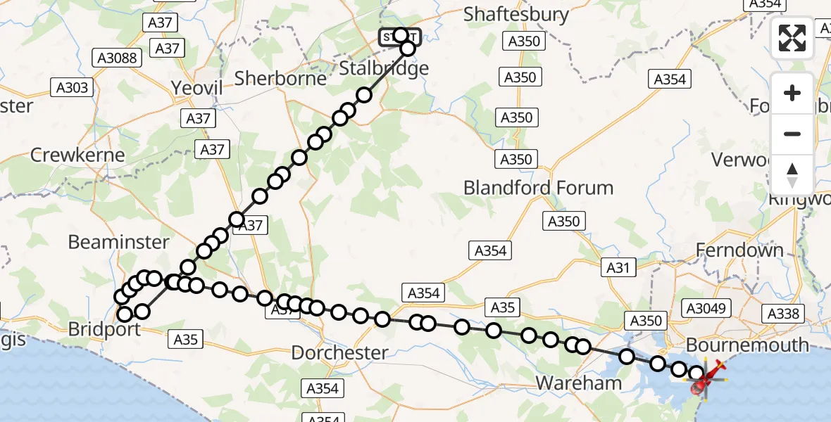 Flight route Air Ambulance Helicopter Henstridge Airfield - Poole, 21 July 2026, 12:12