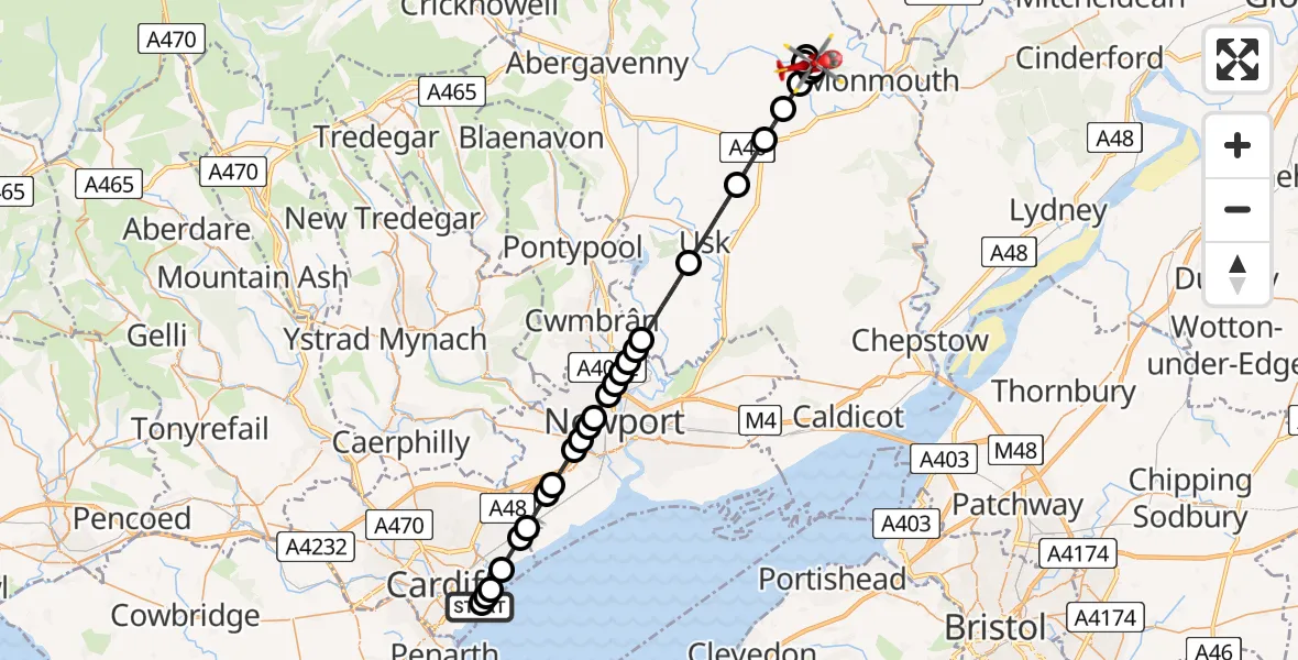 Flight route Air Ambulance Helicopter Cardiff Heliport - Whitecastle, 21 July 2026, 12:14