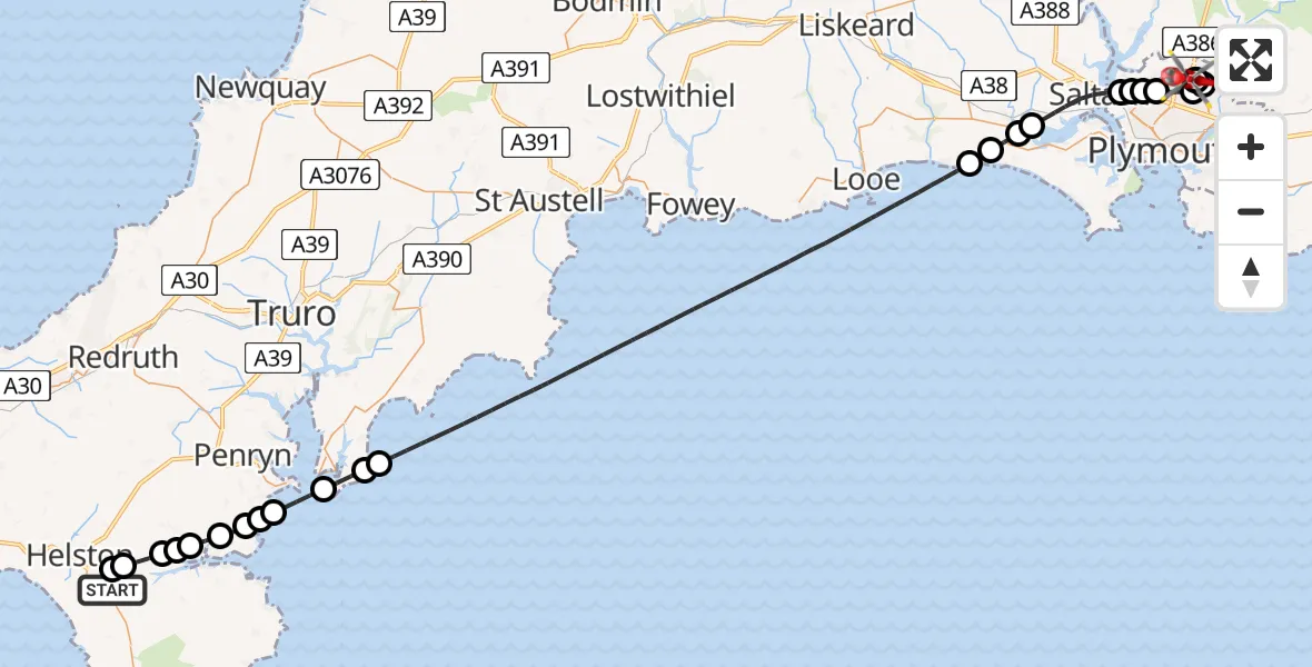 Flight route Air Ambulance Helicopter RNAS Culdrose - Crownhill, 21 July 2026, 12:29