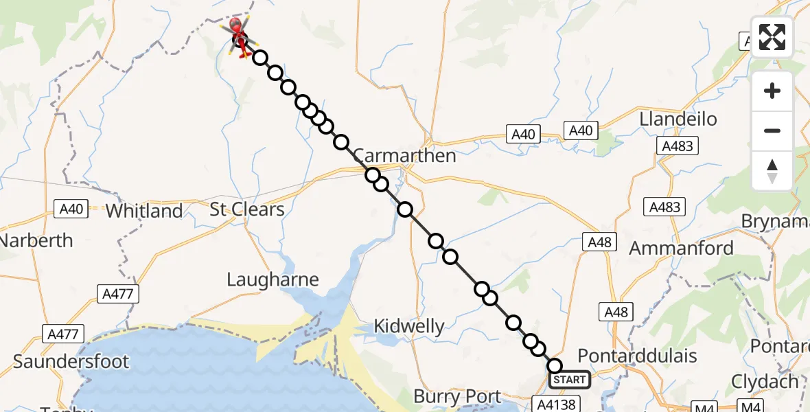 Flight route Air Ambulance Helicopter Dafen - Dinas, 21 July 2026, 12:46