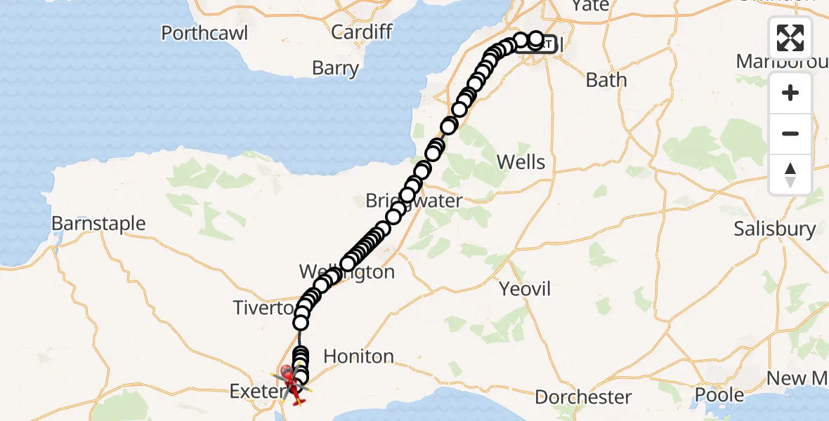 Flight route Air Ambulance Helicopter Bristol Royal Infirmary - Exeter International Airport, 21 July 2026, 13:11