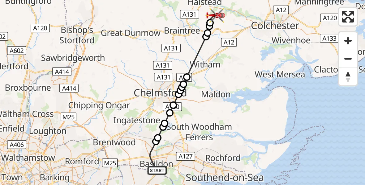 Flight route Air Ambulance Helicopter Basildon - Earls Colne Airfield, 21 July 2026, 13:26