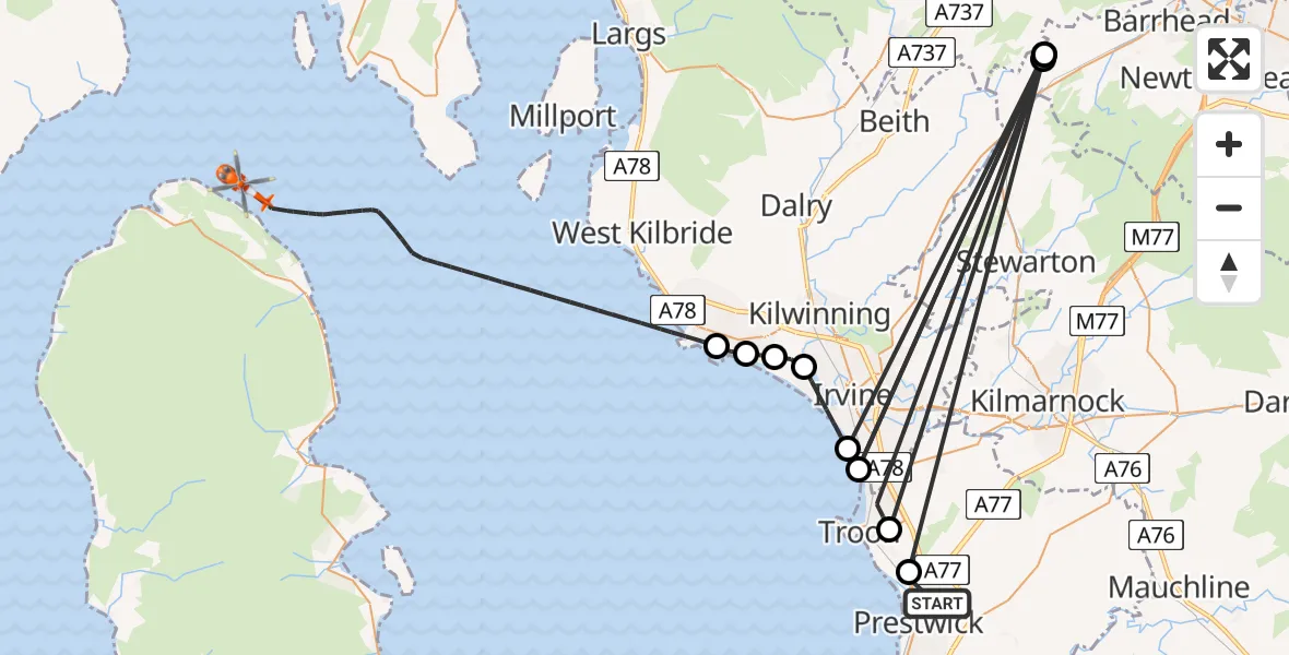 Flight route Coastguard Helicopter Glasgow Prestwick Airport - Inner Seas, 21 July 2026, 13:30