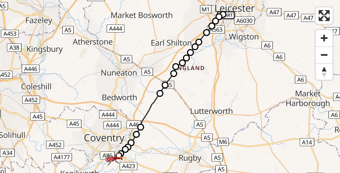 Flight route Air Ambulance Helicopter Westcotes - Coventry Airport, 21 July 2026, 13:34