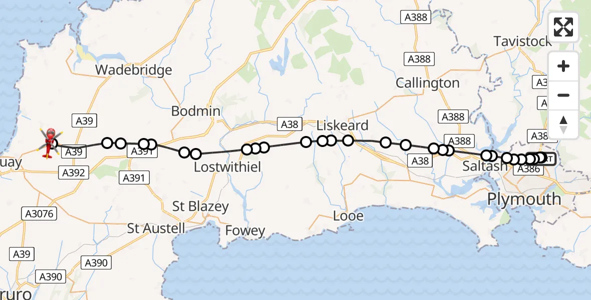 Flight route Air Ambulance Helicopter Derriford Hospital - Cornwall Airport Newquay, 21 July 2026, 13:37