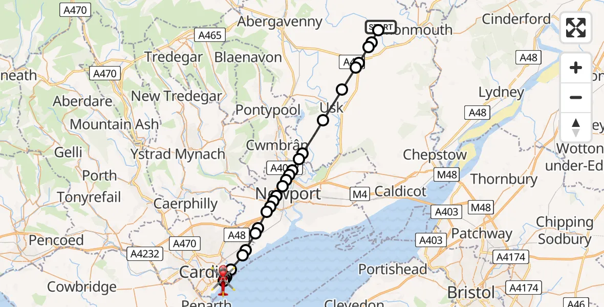 Flight route Air Ambulance Helicopter Whitecastle - Cardiff Heliport, 21 July 2026, 13:37