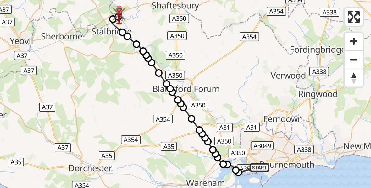 Flight route Air Ambulance Helicopter Poole - Henstridge Airfield, 21 July 2026, 13:43