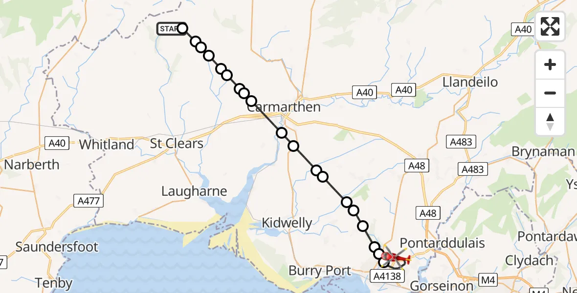 Flight route Air Ambulance Helicopter Dinas - Dafen, 21 July 2026, 13:49