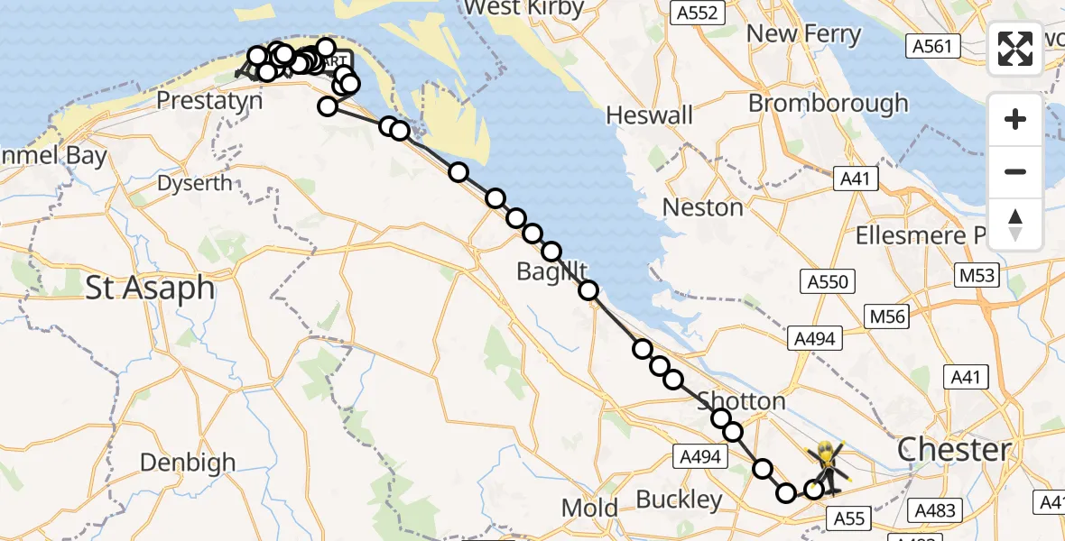 Flight route Police Helicopter Talacre - Hawarden Airport, 21 July 2026, 14:04