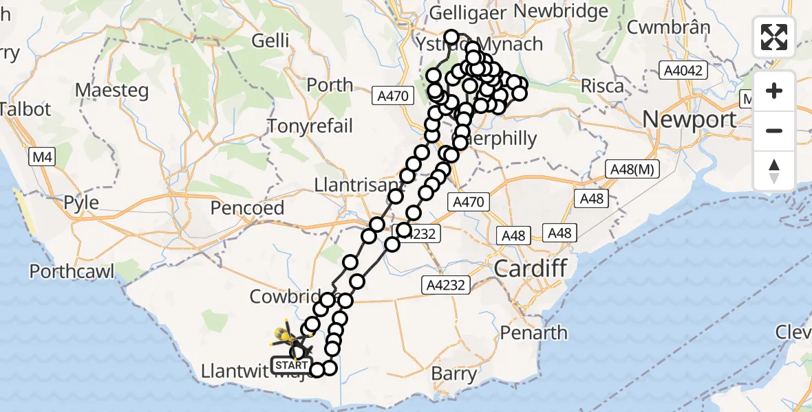Flight route Police Helicopter Eglwys Brewis - Sigingstone, 21 July 2026, 14:05