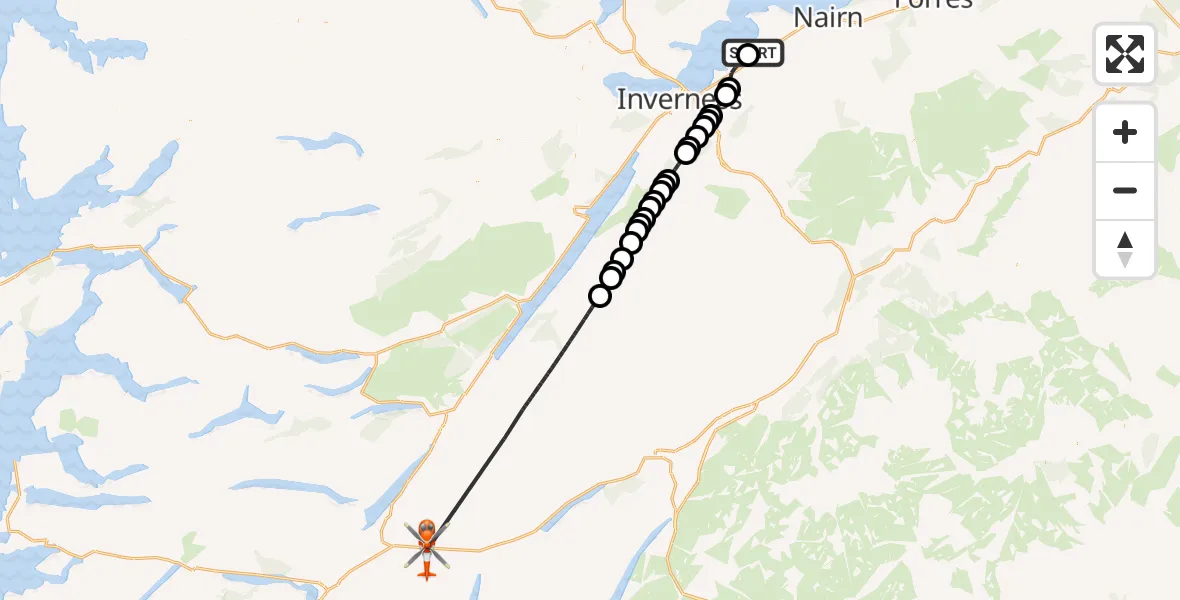 Flight route Coastguard Helicopter Inverness Airport - Roybridge, 21 July 2026, 14:19