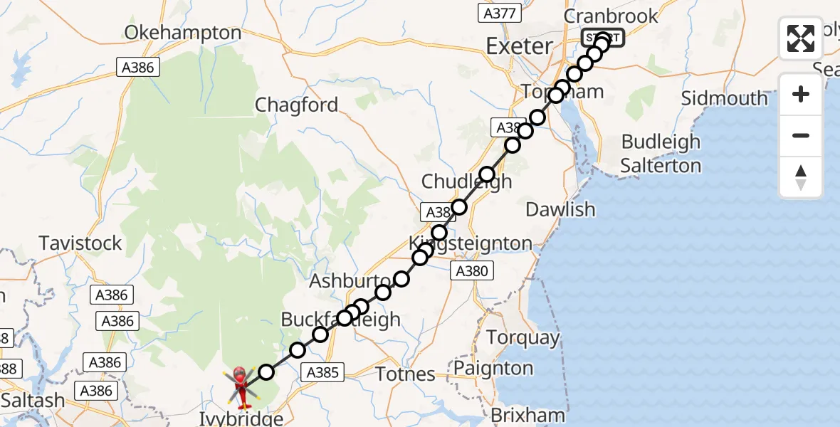 Flight route Air Ambulance Helicopter Exeter International Airport - South Hams, 21 July 2026, 14:23