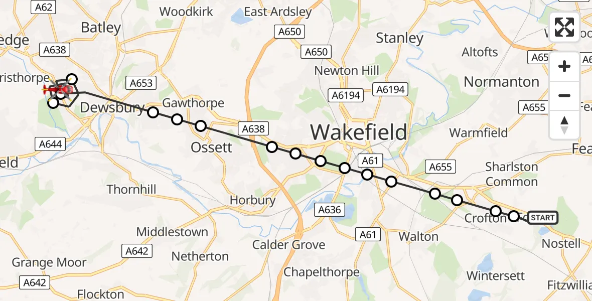 Flight route Air Ambulance Helicopter YAA Nostell Helicopter Port - Heckmondwike, 21 July 2026, 14:29
