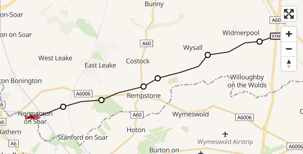 Flight route Air Ambulance Helicopter Rushcliffe - Normanton on Soar, 21 July 2026, 14:33