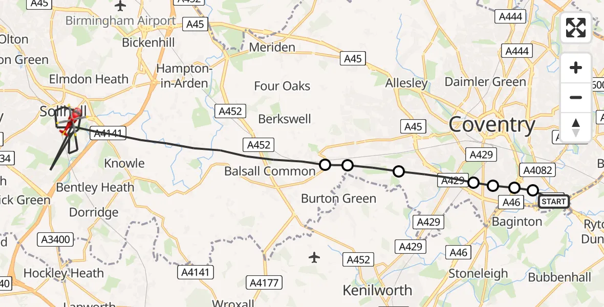 Flight route Air Ambulance Helicopter Coventry Airport - Solihull, 21 July 2026, 14:35
