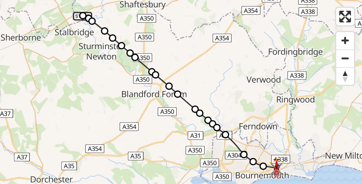 Flight route Air Ambulance Helicopter Henstridge Airfield - Bournemouth, 21 July 2026, 14:40