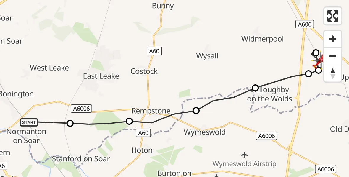 Flight route Air Ambulance Helicopter Normanton on Soar - Rushcliffe, 21 July 2026, 14:53