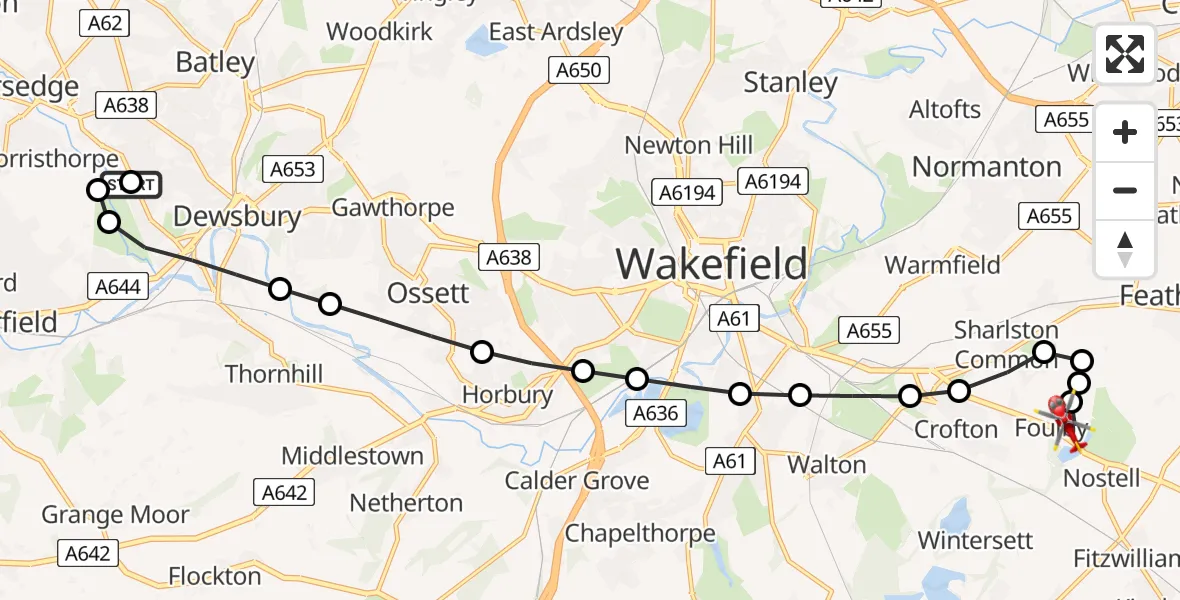Flight route Air Ambulance Helicopter Heckmondwike - YAA Nostell Helicopter Port, 21 July 2026, 14:54