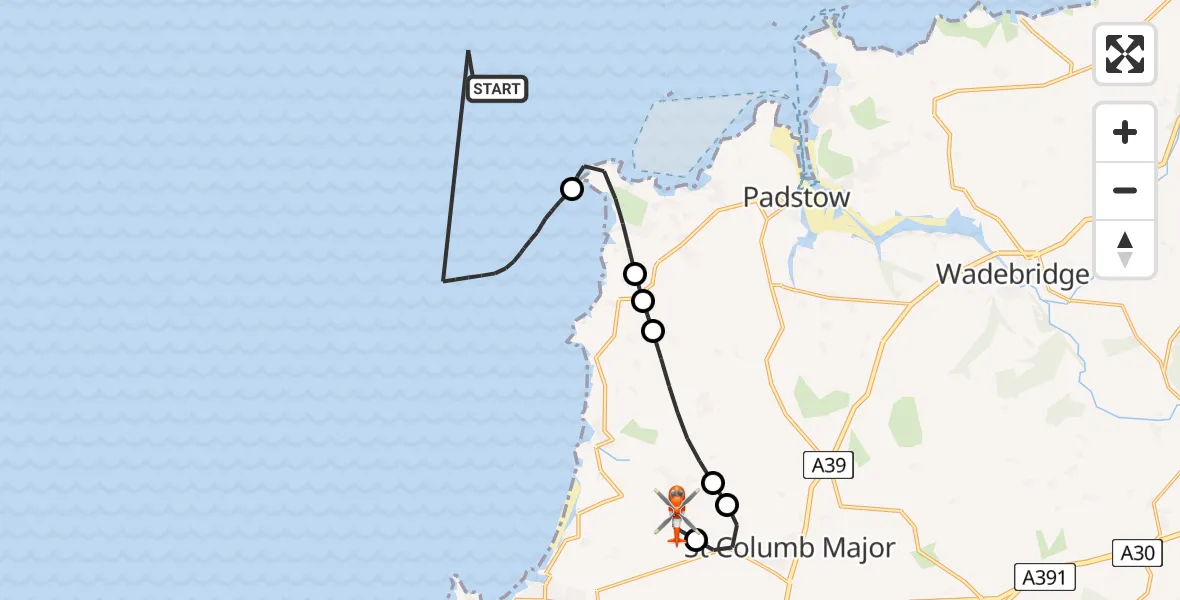 Flight route Coastguard Helicopter Bristol Channel - Cornwall Airport Newquay, 21 July 2026, 15:00
