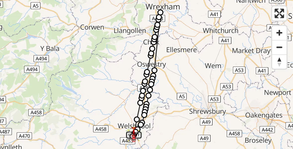 Flight route Air Ambulance Helicopter Welshpool Airport - Welshpool Airport, 21 July 2026, 15:05