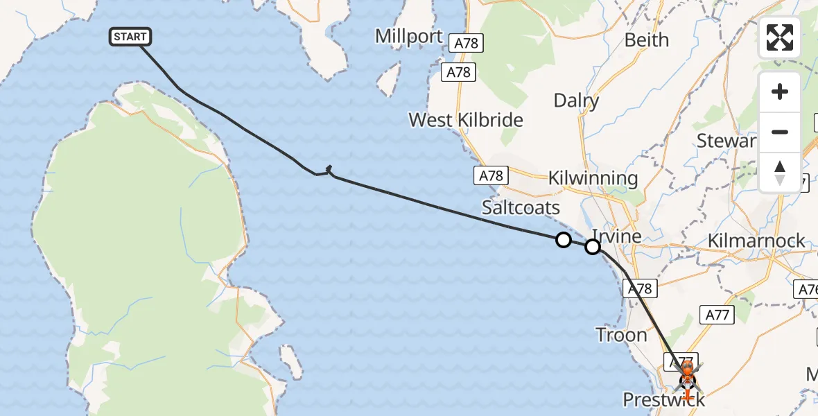 Flight route Coastguard Helicopter Inner Seas - Glasgow Prestwick Airport, 21 July 2026, 15:09