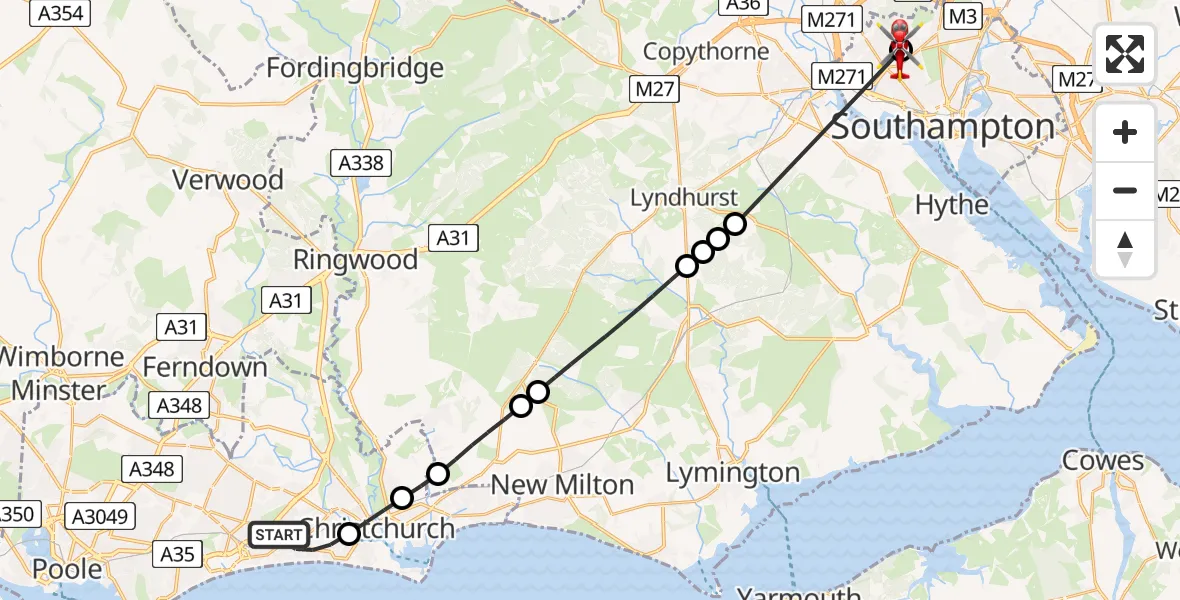 Flight route Air Ambulance Helicopter Bournemouth - University Hospital Southampton, 21 July 2026, 15:09