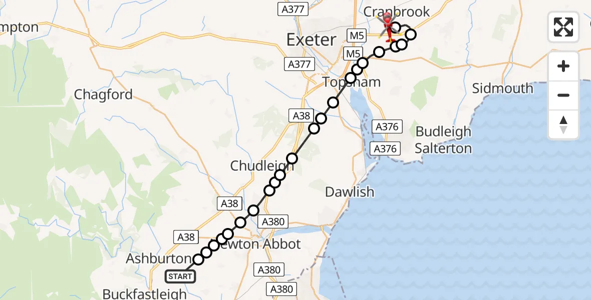 Flight route Air Ambulance Helicopter Ashburton - Exeter International Airport, 21 July 2026, 15:25