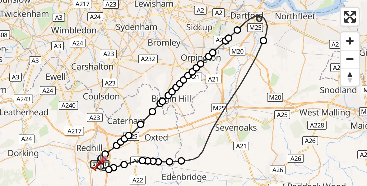 Flight route Air Ambulance Helicopter Redhill Aerodrome - Redhill Aerodrome, 21 July 2026, 15:25