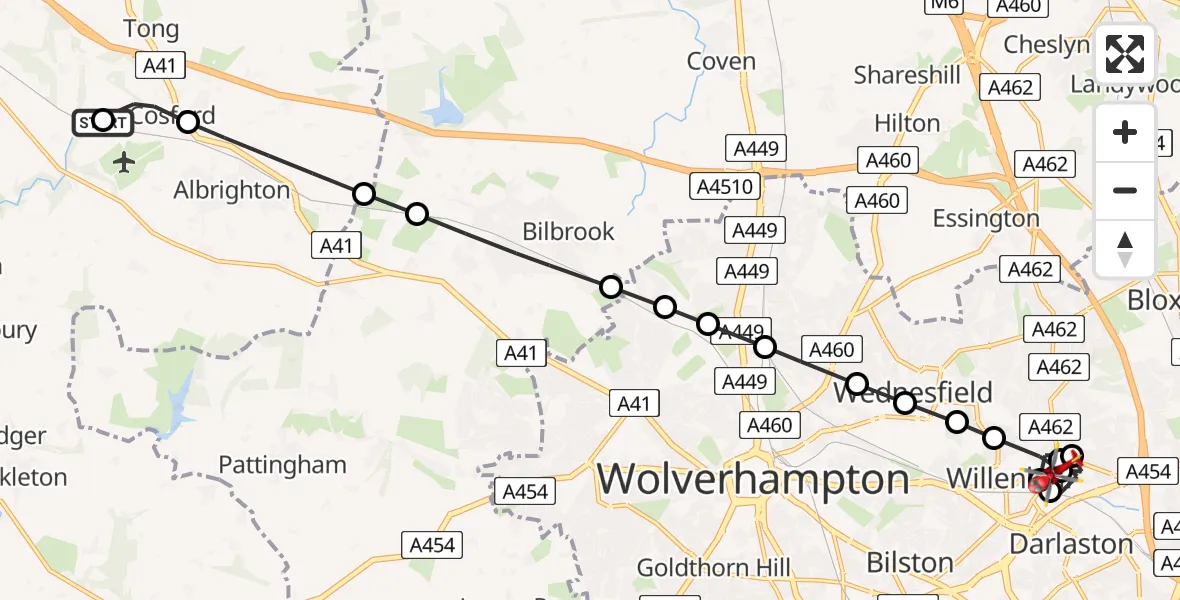 Flight route Air Ambulance Helicopter RAF Cosford - Willenhall, 21 July 2026, 15:31