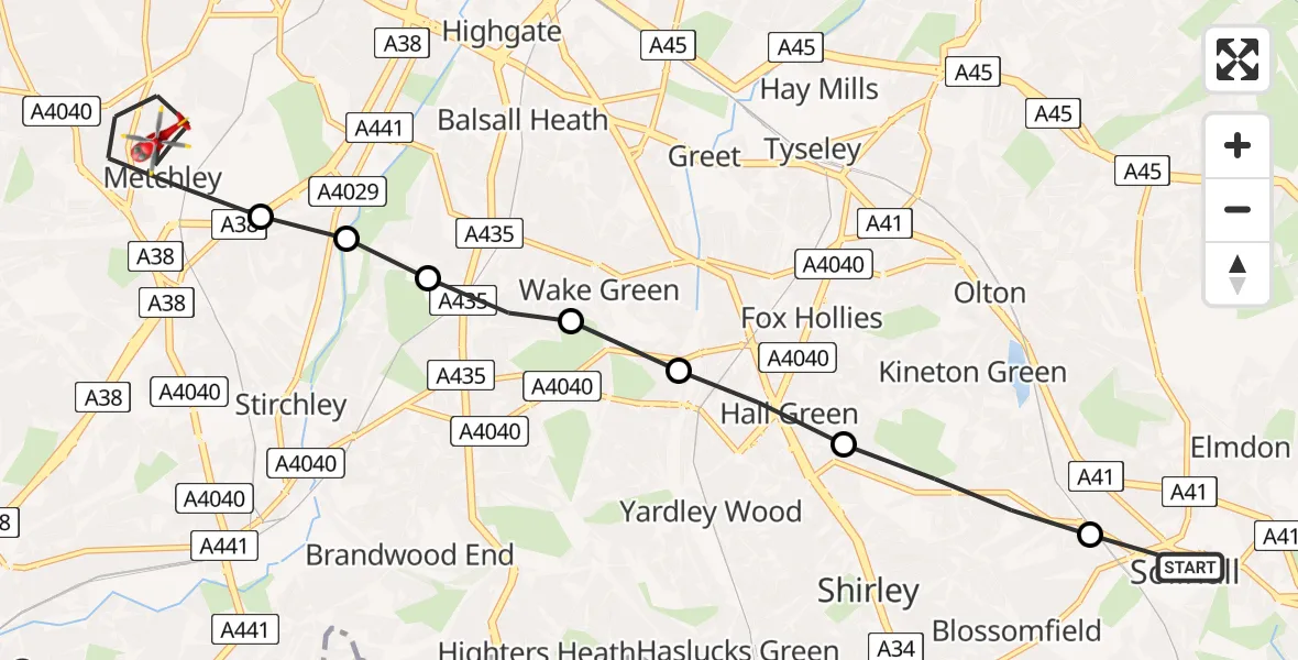 Flight route Air Ambulance Helicopter Solihull - Metchley, 21 July 2026, 15:42