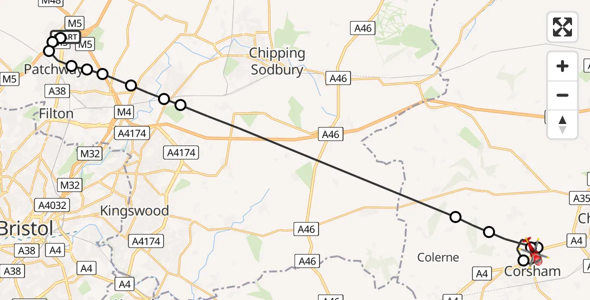 Flight route Air Ambulance Helicopter Almondsbury Helicopter Base - Corsham, 21 July 2026, 15:53