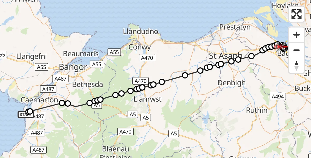 Flight route Air Ambulance Helicopter Caernarfon Airport - Walwen, 21 July 2026, 15:55
