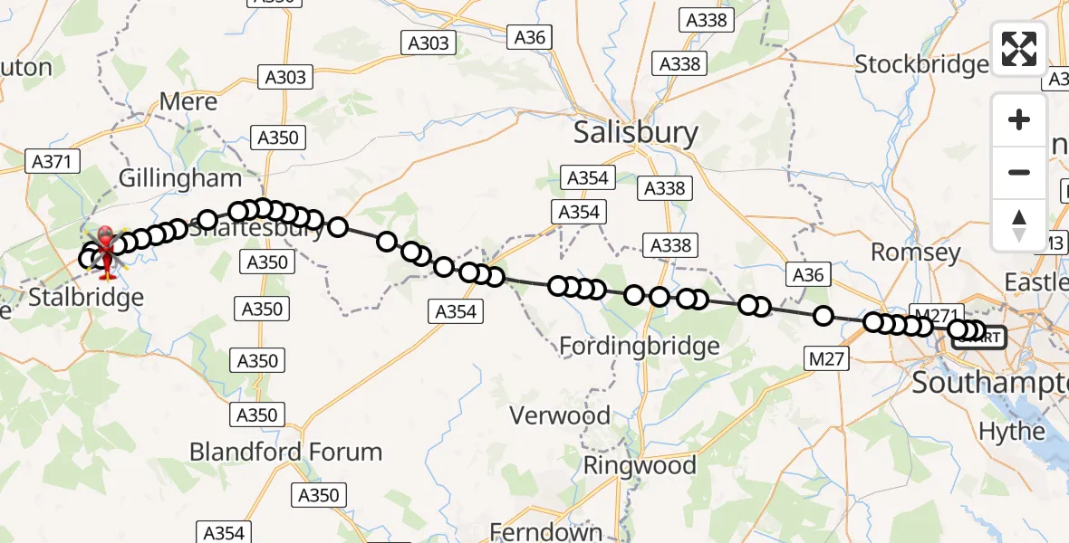 Flight route Air Ambulance Helicopter University Hospital Southampton - Henstridge Airfield, 21 July 2026, 16:14