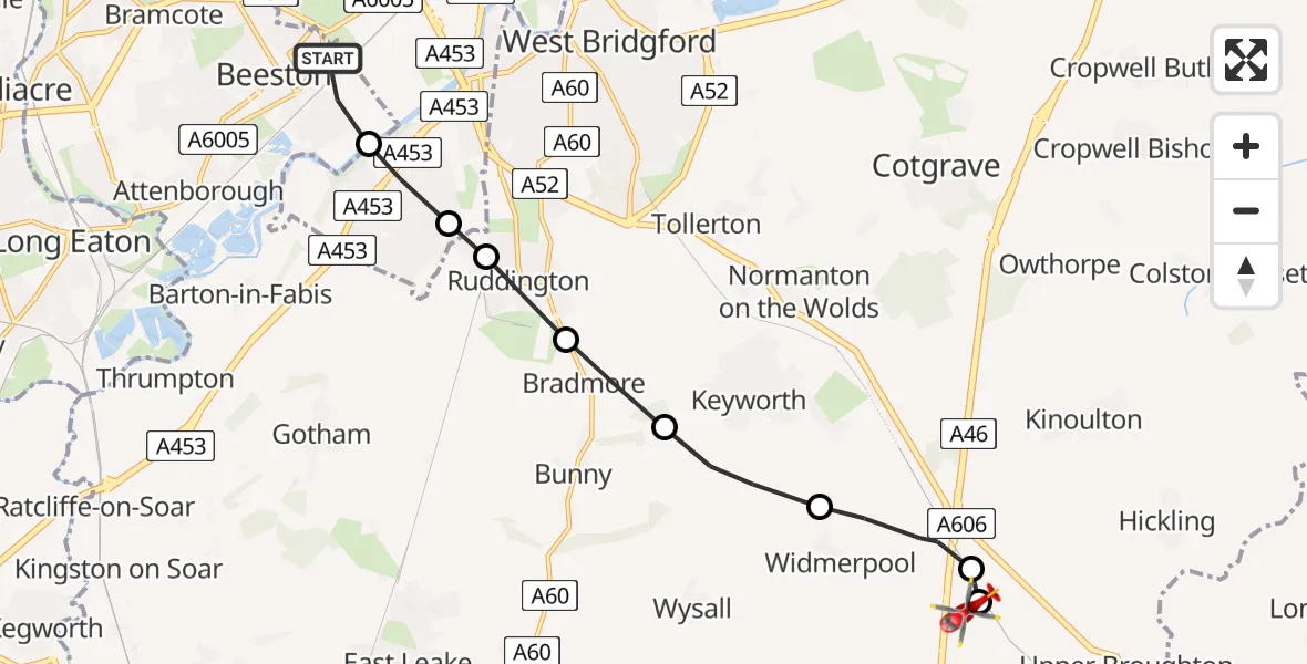 Flight route Air Ambulance Helicopter Beeston - Nottingham Heliport, 21 July 2026, 16:25